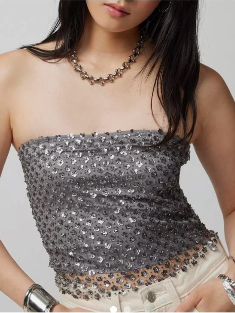 Urban Outfitters Gray Sequin Strapless Tube Top, Size Small